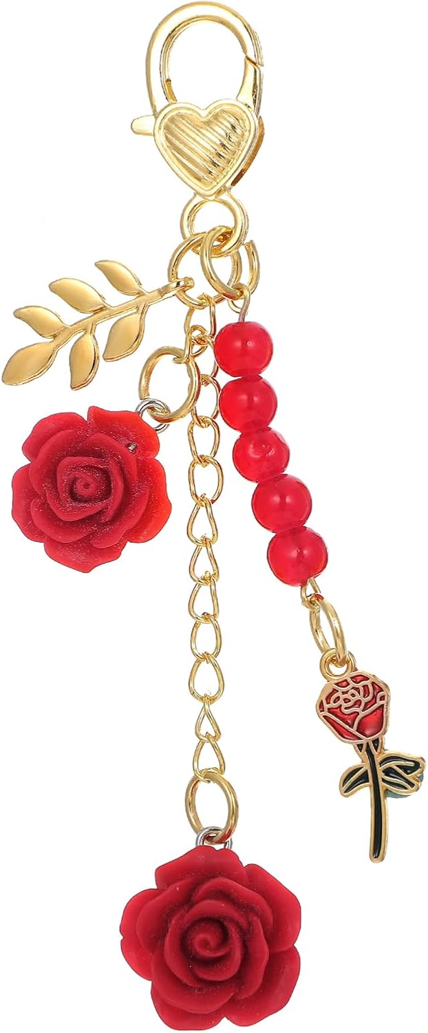 Rose Keychain, Flower Bag Charms Keychain with Tassel Chain Cute Red Rose Pendant Keyring for Handbags Bag Purse Wallet Cellphone Car