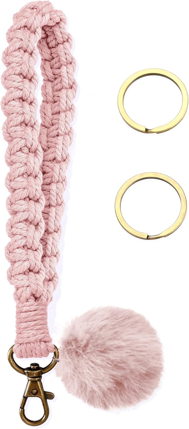 Keychain Wristlet, Woven Handmade Wrist Lanyard for Keys, Wrist Key Chains with 2 Keyrings for Women Car Keys ID Badges Card Wallet Phone, Pink
