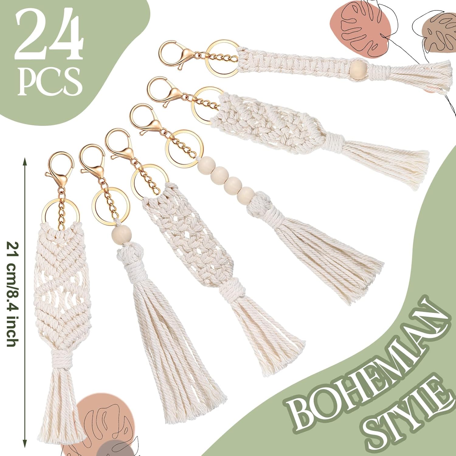 24 Pieces Boho Keychains Bulk Mini Cute Handcrafted Tassel Keychain Bag Charms Aesthetic decor with Tassel for Women Car Key Purse Phone Wallet Party Supplies, Beige - Image 2