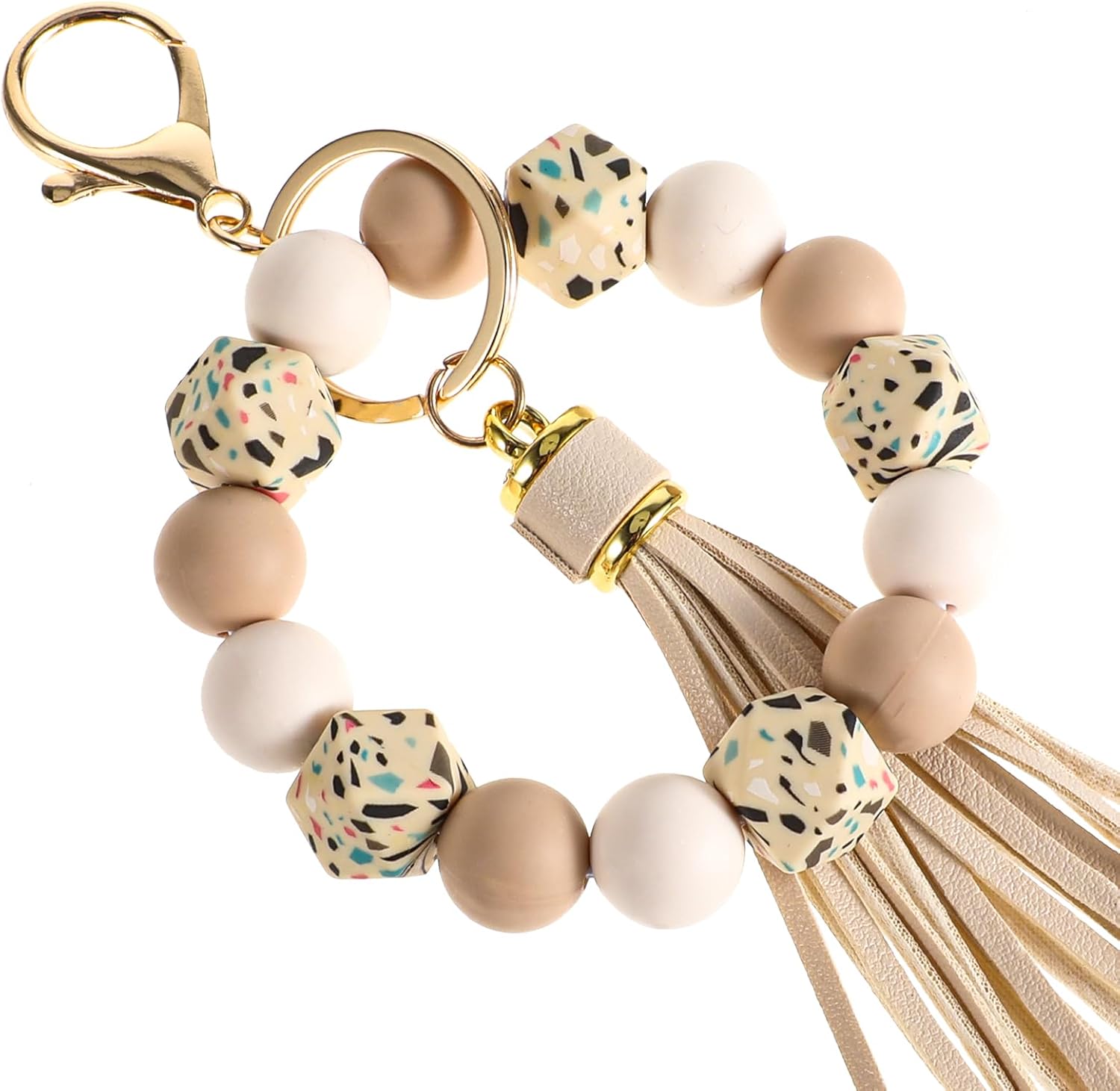 Wristlet Beaded Keychain Bracelet Silicone Key Ring for Women, Key Chain with PU Tassel Beaded Bangle Chains Car Keyring Wristlet Bag Pendant for Mother's Day Gift