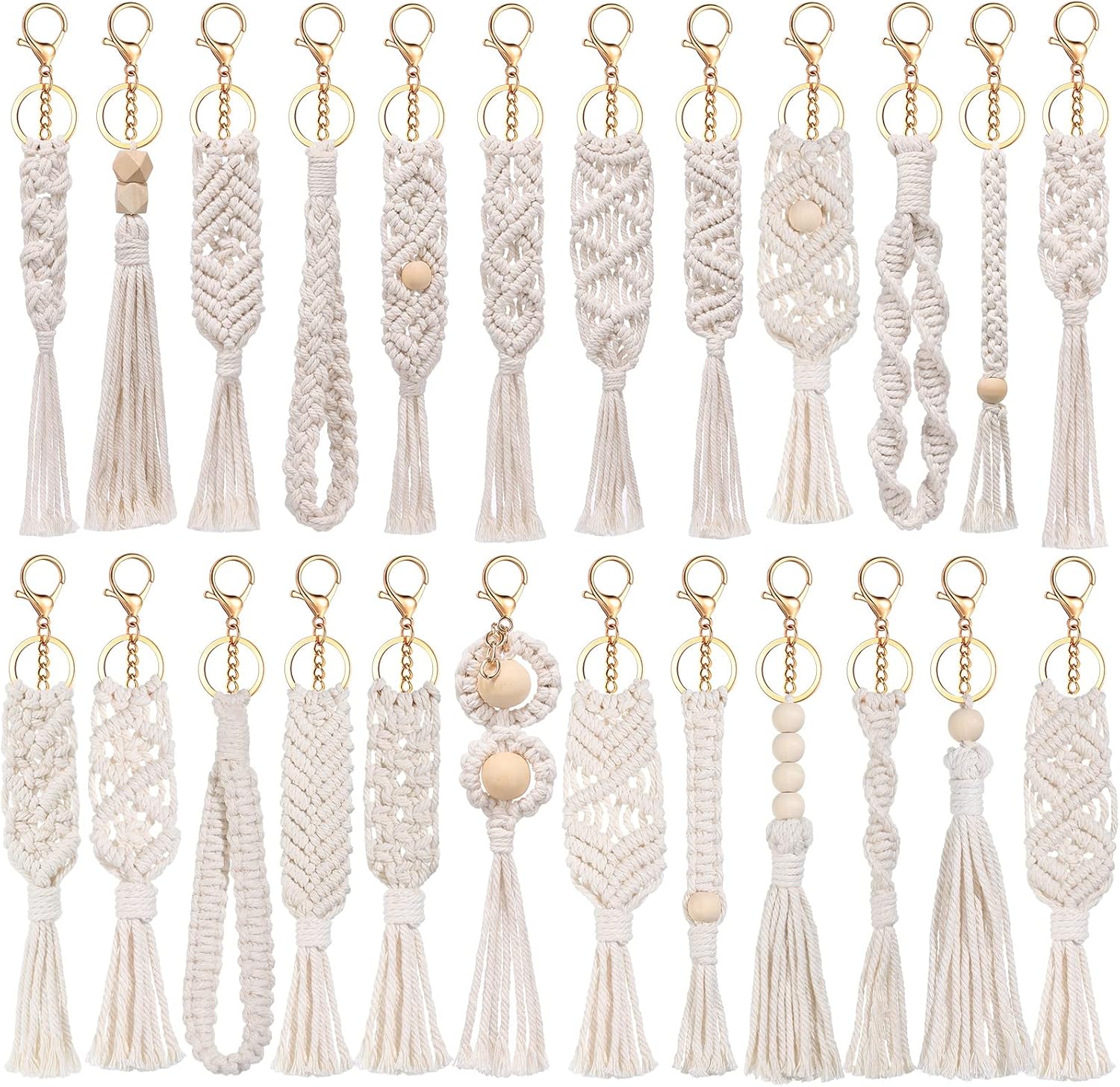24 Pieces Boho Keychains Bulk Mini Cute Handcrafted Tassel Keychain Bag Charms Aesthetic decor with Tassel for Women Car Key Purse Phone Wallet Party Supplies, Beige