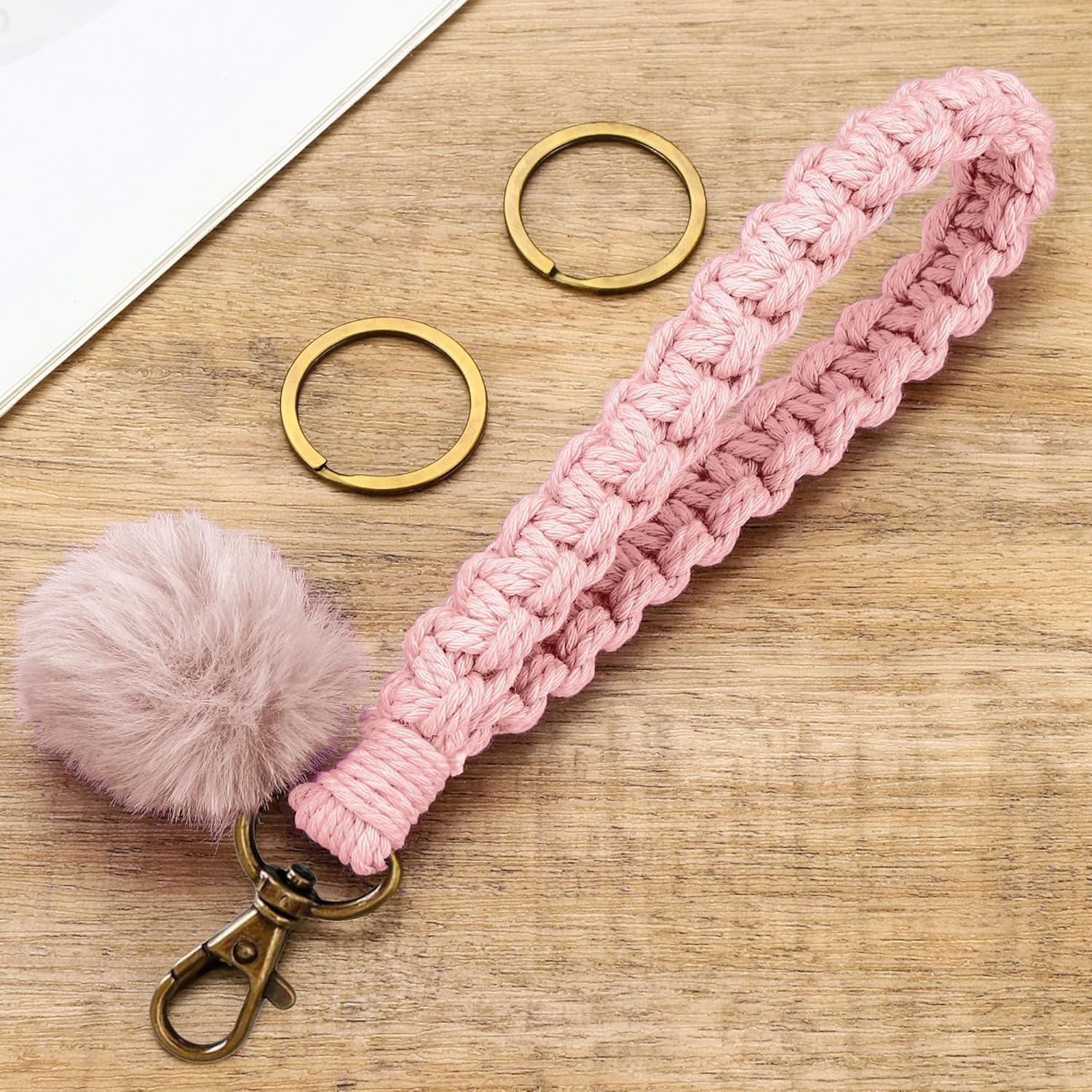 Keychain Wristlet, Woven Handmade Wrist Lanyard for Keys, Wrist Key Chains with 2 Keyrings for Women Car Keys ID Badges Card Wallet Phone, Pink - Image 2